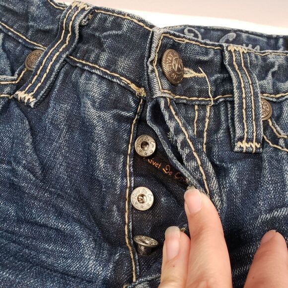 Rivet De Cru Jeans Mens 38 Blue Denim Straight Leg Button Fly Distressed Grunge - Picture 15 of 16